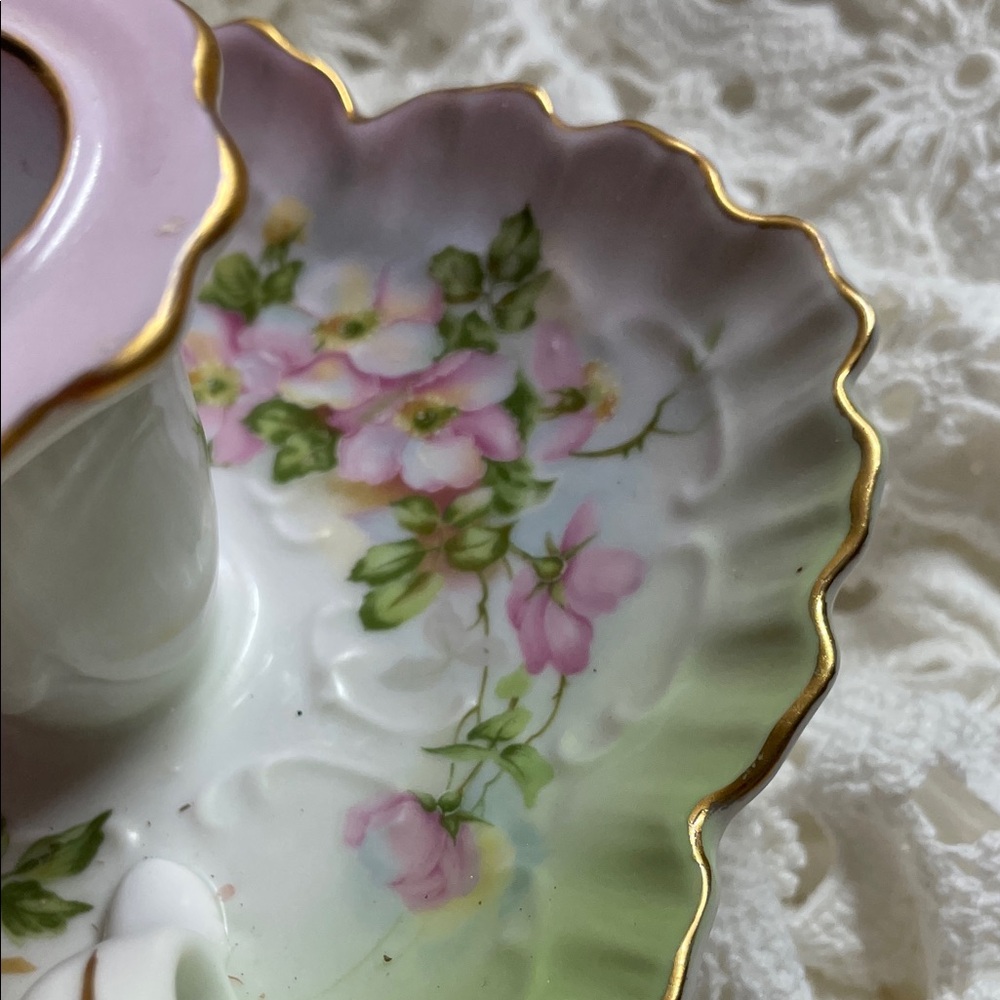 Nippon Hand Painted Porcelain Pink & Green Floral Chamberstick Candle Holder - Picture 4 of 7